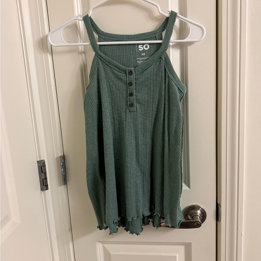SO Green Ribbed Button-Front Tank with Lettuce Hem